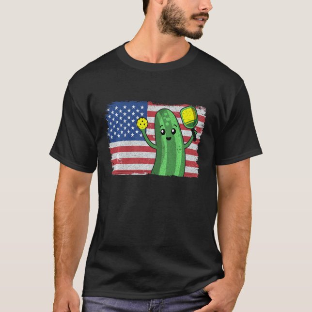 Pickleball Us American Flag Pickle With Paddle Pic T-Shirt (Front)