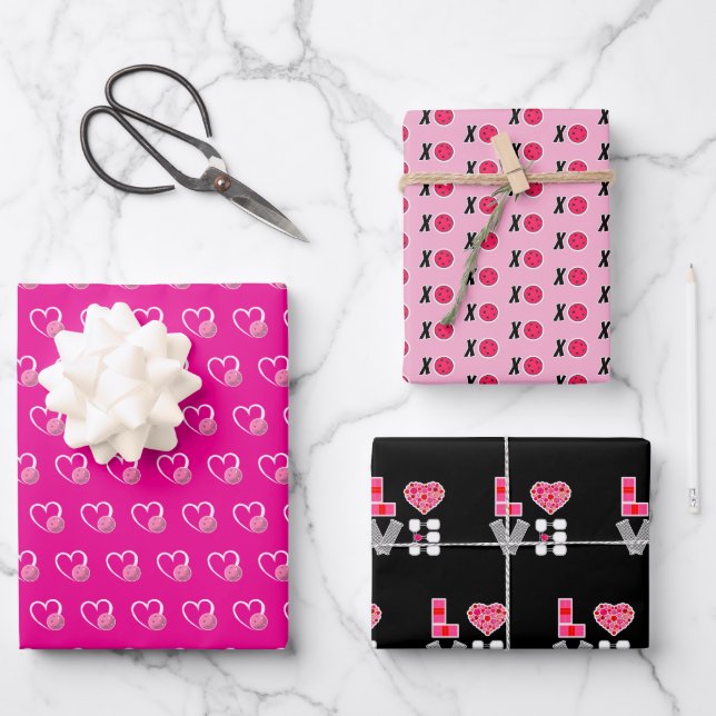 Pickleball Valentines XOXO Hugs Kisses Hearts Love Wrapping Paper Sheets (Front)