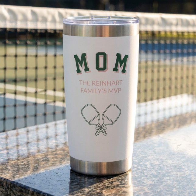 Pickleball Varsity Mom MVP Family Name Insulated Tumbler (Family's MVP varsity coquette sport style water tumbler with pickleball theme by Darling & May)