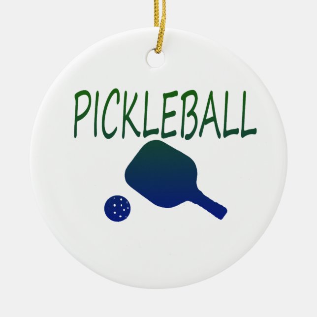 pickleball w paddle and ball blue to green ceramic ornament (Front)