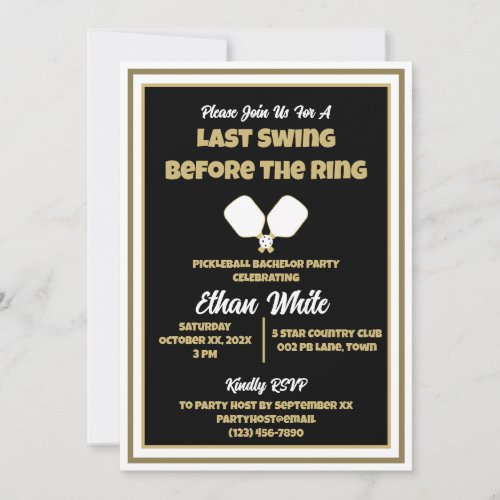 Pickleball Wedding Bachelor Party Black and Gold Invitation