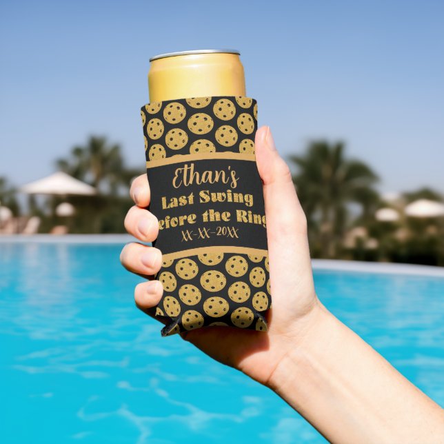 Pickleball Wedding Black and Gold Personalized Seltzer Can Cooler (In Situ Pool)