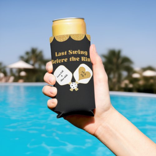 Pickleball Wedding Black and Gold Personalized Seltzer Can Cooler