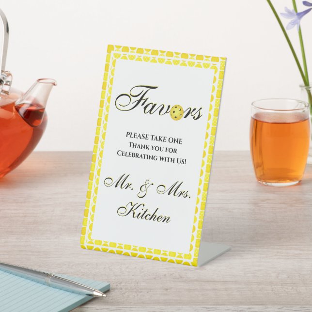 Pickleball Wedding Favors Yellow and White  Pedestal Sign (In SItu)