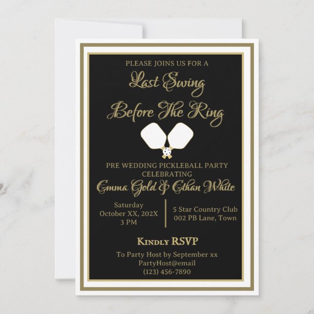 Pickleball Wedding Party Black and Gold Invitation (Front)