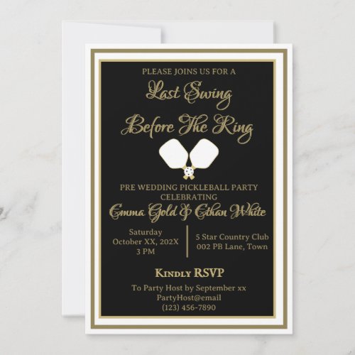 Pickleball Wedding Party Black and Gold Invitation