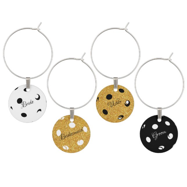 Pickleball Wedding Personalized Gold, Black, White Wine Charm (Staggered)