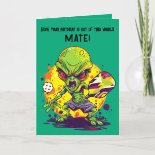 Pickleball with Alien Happy Birthday Card