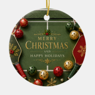 Pickleball with Christmas Frame Ceramic Ornament