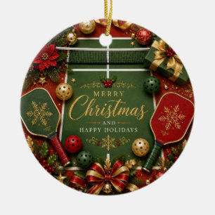 Pickleball with Christmas Frame Ceramic Ornament