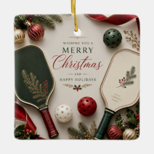 Pickleball with Christmas Frame Ceramic Ornament