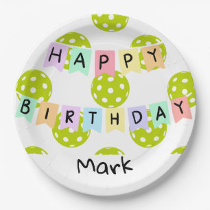 Pickleball with happy birthday banner paper plates