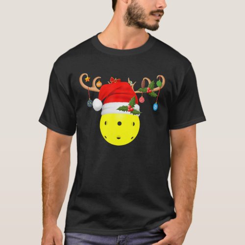 Pickleball Xmas Gift Reindeer Santa Hat Pickleball T_Shirt