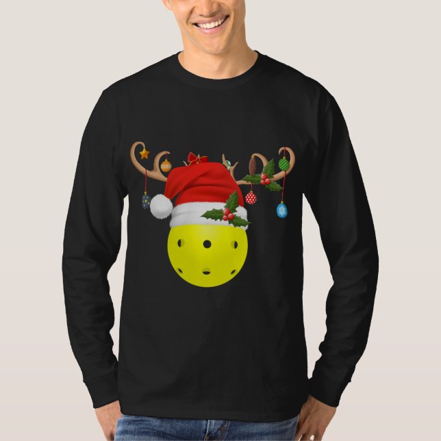 Pickleball Xmas Gift Reindeer Santa Hat Pickleball T-Shirt (Front)