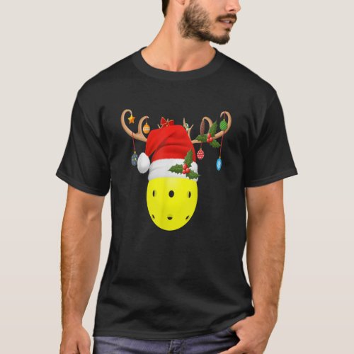 Pickleball Xmas Gift Reindeer Santa Hat Pickleball T_Shirt