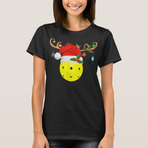 Pickleball Xmas Gift Reindeer Santa Hat Pickleball T_Shirt