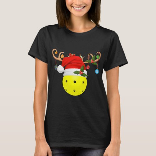 Pickleball Xmas Reindeer Santa Hat T_Shirt