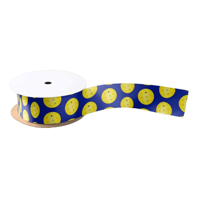 Pickleball Yellow Balls Pattern on Blue Satin Ribbon (Spool)