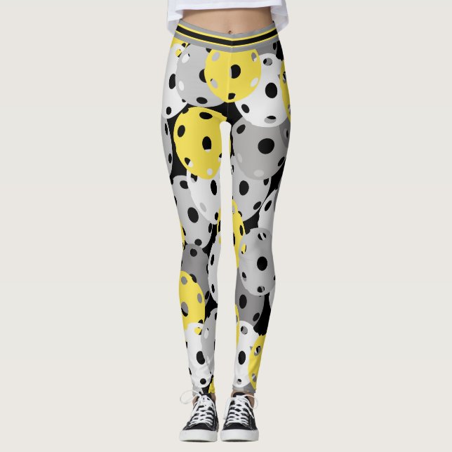 💛Pickleball - yellow, grey on black, 2021 colours Leggings (Front)