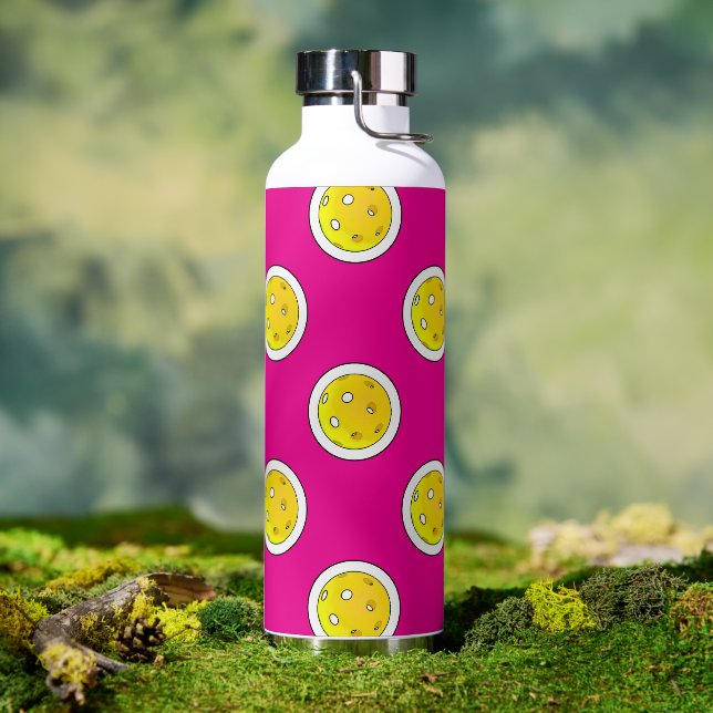 Pickleball Yellow Pickleballs Polka Dots Hot Pink Water Bottle (Outdoor)