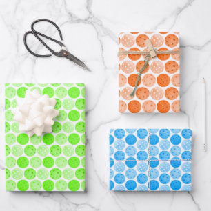 Pickleballs - Green, Orange and Blue on White Wrapping Paper Sheets