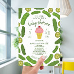 Pickles and Ice Cream Baby Shower Invitation<br><div class="desc">A baby shower invitation featuring border illustration of pickles and crinkle cut pickle slices.  Illustration of a cone of strawberry ice cream topped with cherry and sprinkles at center.  Personalize the text.</div>