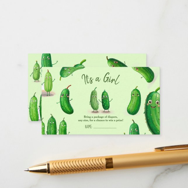 Pickles Cucumber Green Whimsical Baby Shower Enclosure Card (Front/Back In Situ)