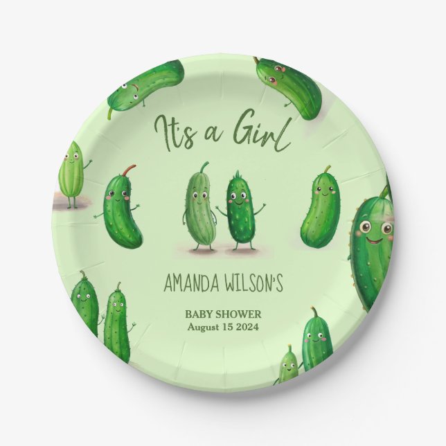 Pickles Cucumber Green Whimsical Baby Shower Paper Plates (Front)