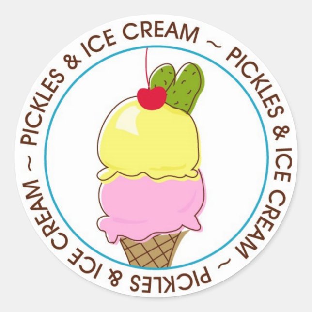Pickles & Ice Cream, Blue border Classic Round Sticker (Front)