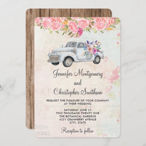 Pickup Truck and Flowers Rustic Watercolor Wedding Invitation