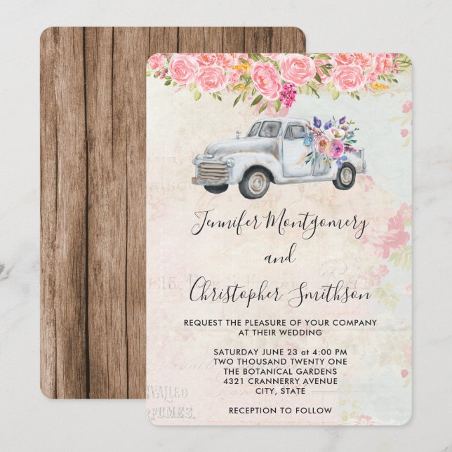 Pickup Truck and Flowers Rustic Watercolor Wedding Invitation (Front/Back)