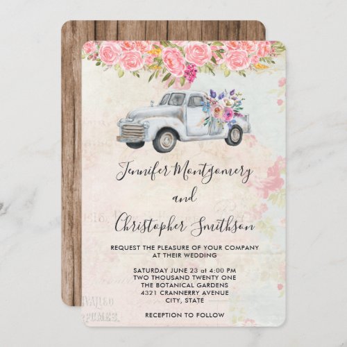 Pickup Truck and Flowers Rustic Watercolor Wedding Invitation