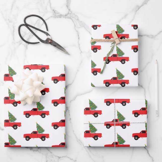 Pickup Truck Christmas Tree Wrapping Paper Sheets (Front)