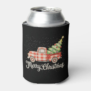 Pickup Truck Red Buffalo Plaid Merry Christmas Can Cooler