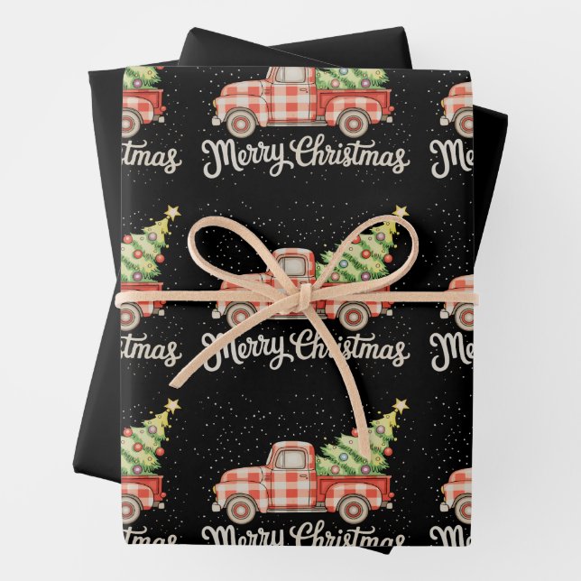 Pickup Truck Red Buffalo Plaid Merry Christmas Wrapping Paper Sheets (In situ)