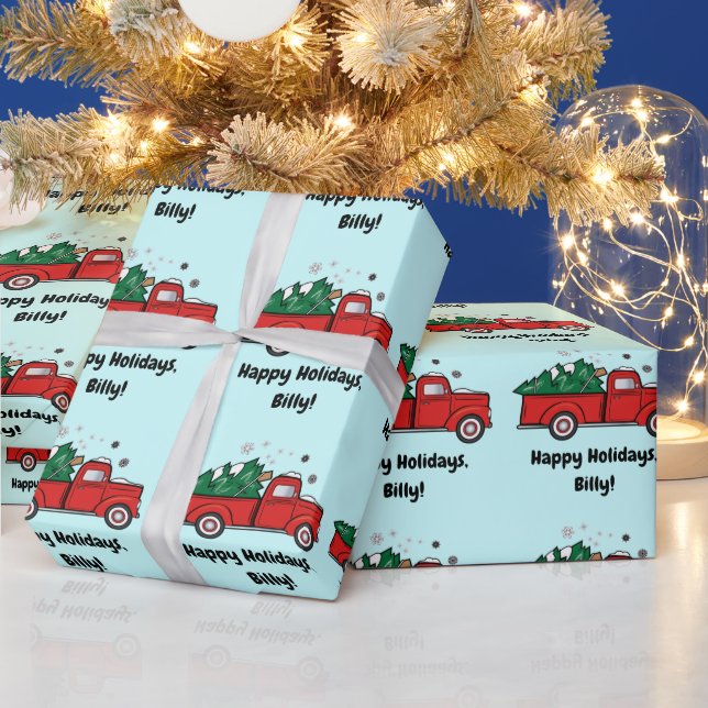 Pickup Truck with Christmas Tree Name Customize Wrapping Paper (Holidays)