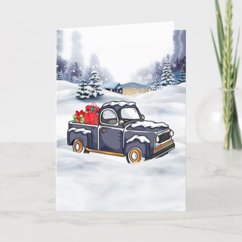 Pickup Truck with Gift Boxes Snowy Christmas Card