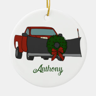 Pickup Truck with Snowplow and Christmas Wreath Ceramic Ornament