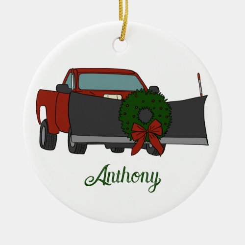 Pickup Truck with Snowplow and Christmas Wreath Ceramic Ornament