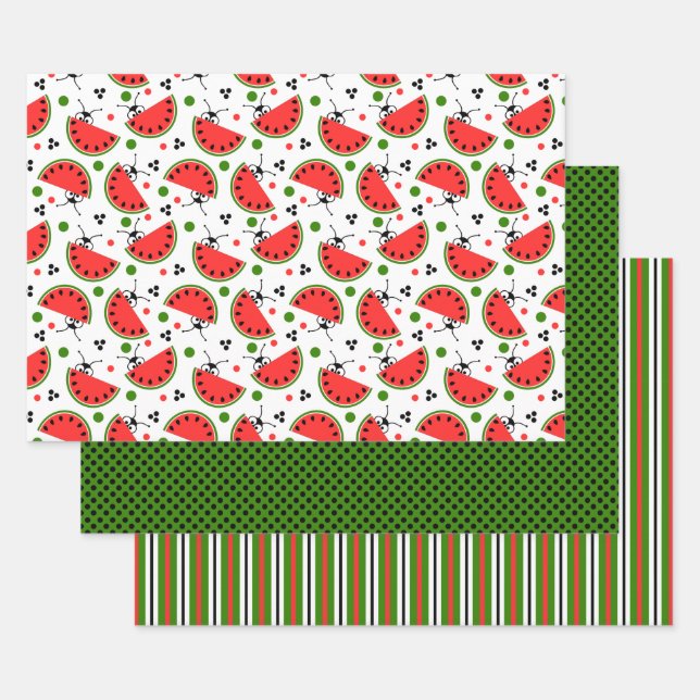 Picnic Ant Peeking Watermelon Polka Dot Striped Wrapping Paper Sheets (Set)