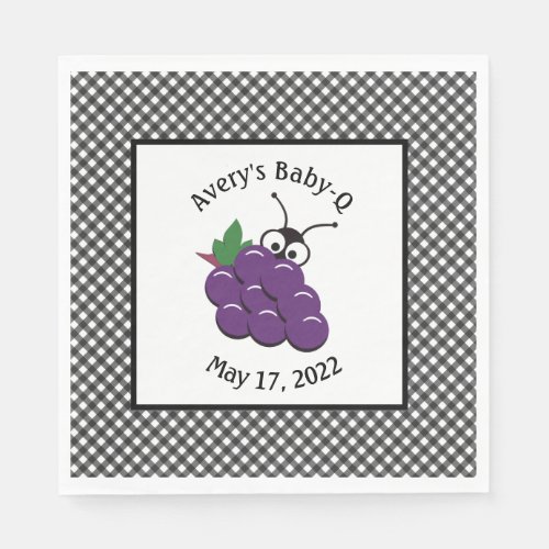 Picnic Ant with Purple Grapes Black Gingham  Napkins