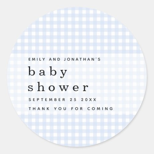 Picnic Baby Shower Names Blue Gingham  Classic Round Sticker