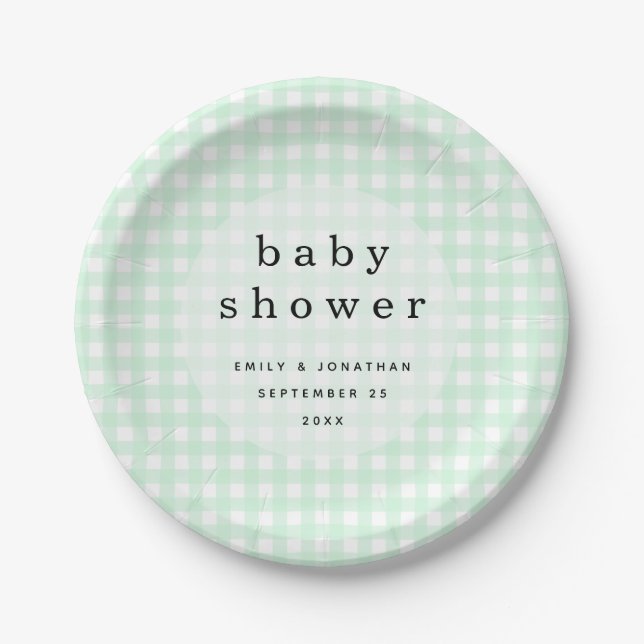 Picnic Baby Shower Names Date Green Gingham Paper Plates (Front)