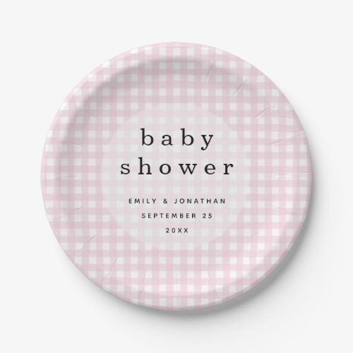 Picnic Baby Shower Names Date Pink Gingham Paper Plates