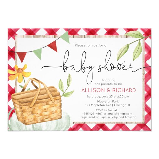 Picnic baby shower, picnic in the park red gingham invitation