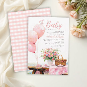 Picnic Balloons Floral Summer Girl Baby Shower Invitation
