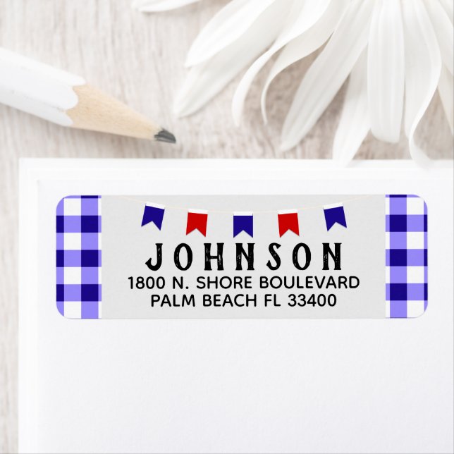 Picnic & Banner | Blue Checkered Tablecloth Summer Label (Insitu)