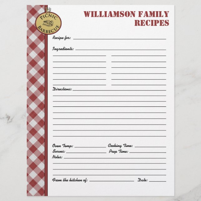 Picnic Barbecue Red Checkered Custom Recipe Page (Front)