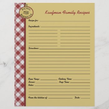 Picnic Barbecue Red Checkered Custom Recipe Page by FamilyTreed at Zazzle