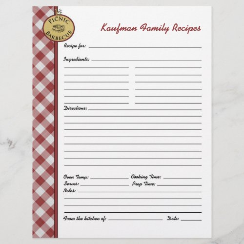 Picnic Barbecue Red Checkered Custom Recipe Page